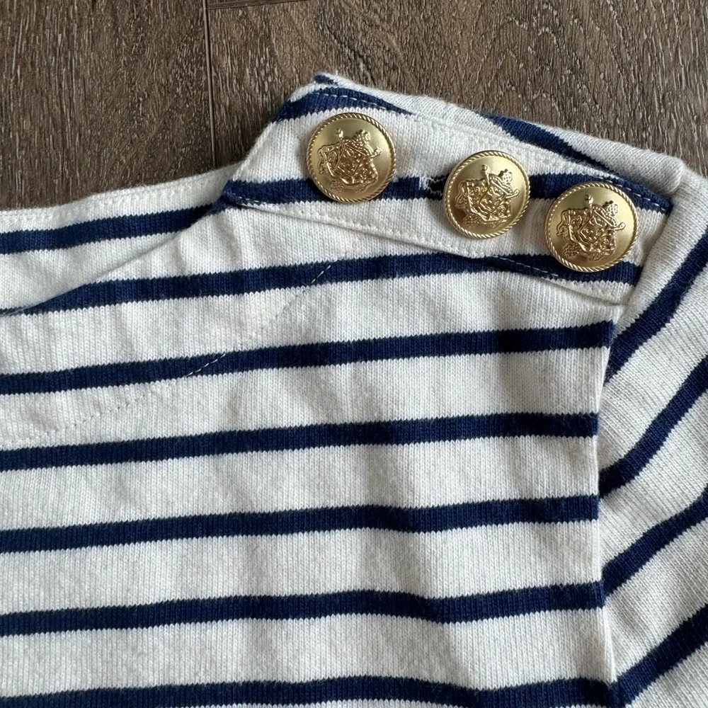 J. Crew top. White with blue stripes and gold buttons. Women’s size medium.